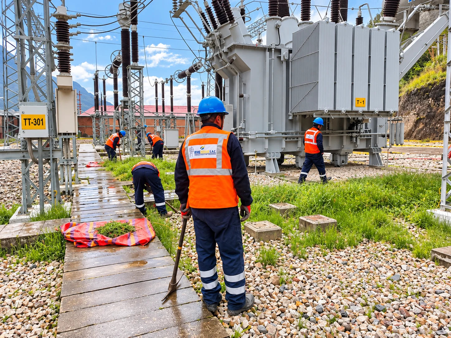 Operarios de RME Group junto a equipos eléctricos